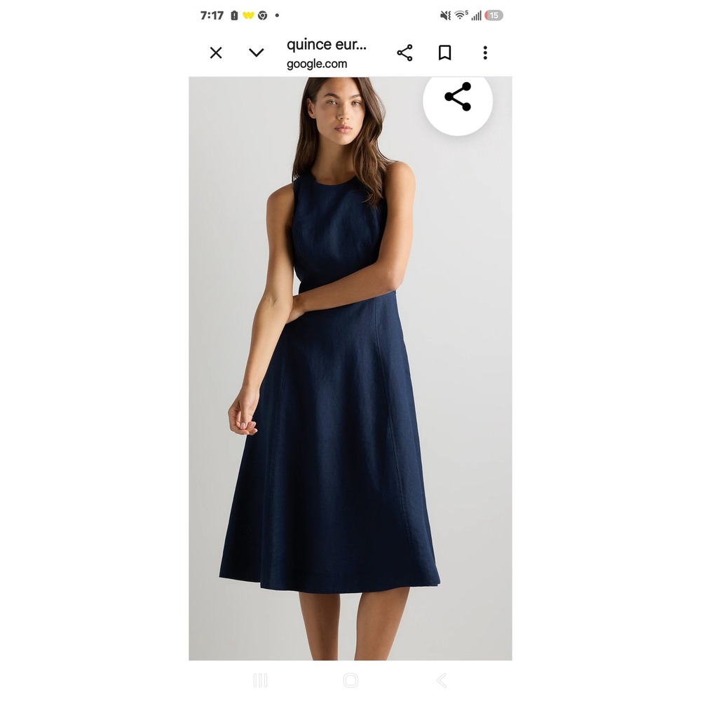 Quince European Linen High Neck Midi Dress Navy Blue Fit Flare Small NWT